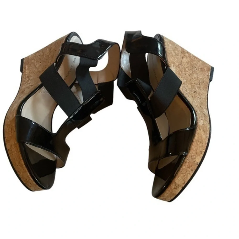 Adrienne Vittadini Chari Cork‎ Wedge Platform Strappy Sandals Black 9 NWOB
